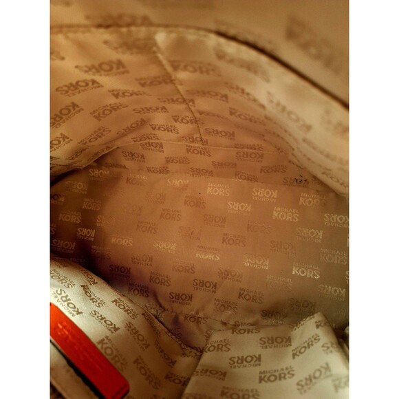 Michael Kors Khaki Monogrammed Coated Canvas/Red Leather Dome Satchel Crossbody - Picture 12 of 12